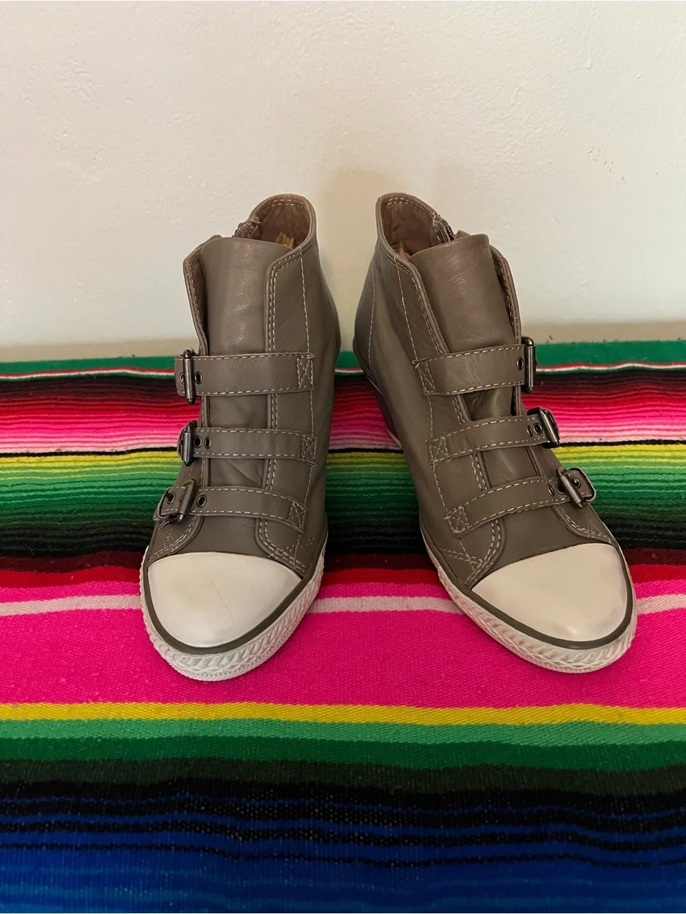 A.S.H Taupe Leather High-Top Sneakers with Triple Buckle Straps EU Size 38